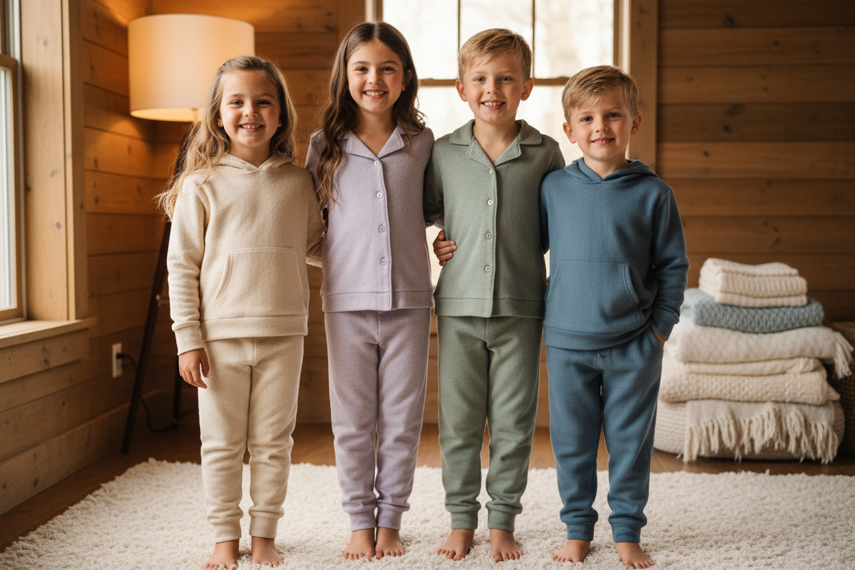 Four children in pajamas standing in a cozy room with wooden walls and a stack of folded clothes.